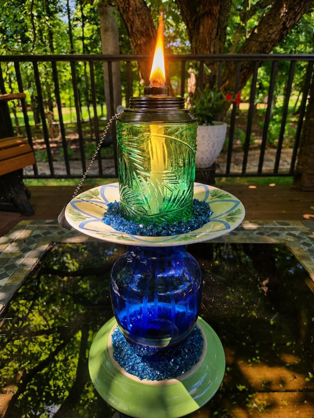 Upcycled Blue Green Tiki Torch Crushed Glass Accents